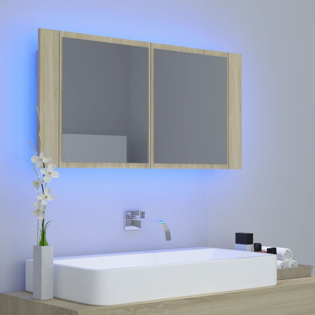 vidaXL LED Bathroom Mirror Cabinet Sonoma Oak 90x12x45 cm Acrylic