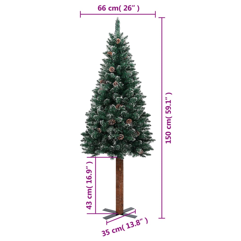 vidaXL Slim Christmas Tree with Real Wood and White Snow Green 150 cm