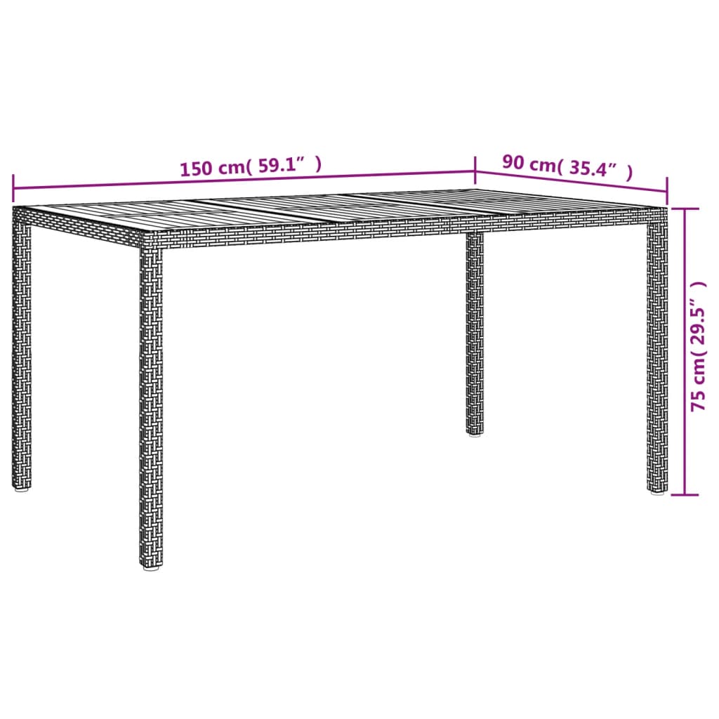 vidaXL Garden Table 150x90x75 cm Poly Rattan and Acacia Wood Grey