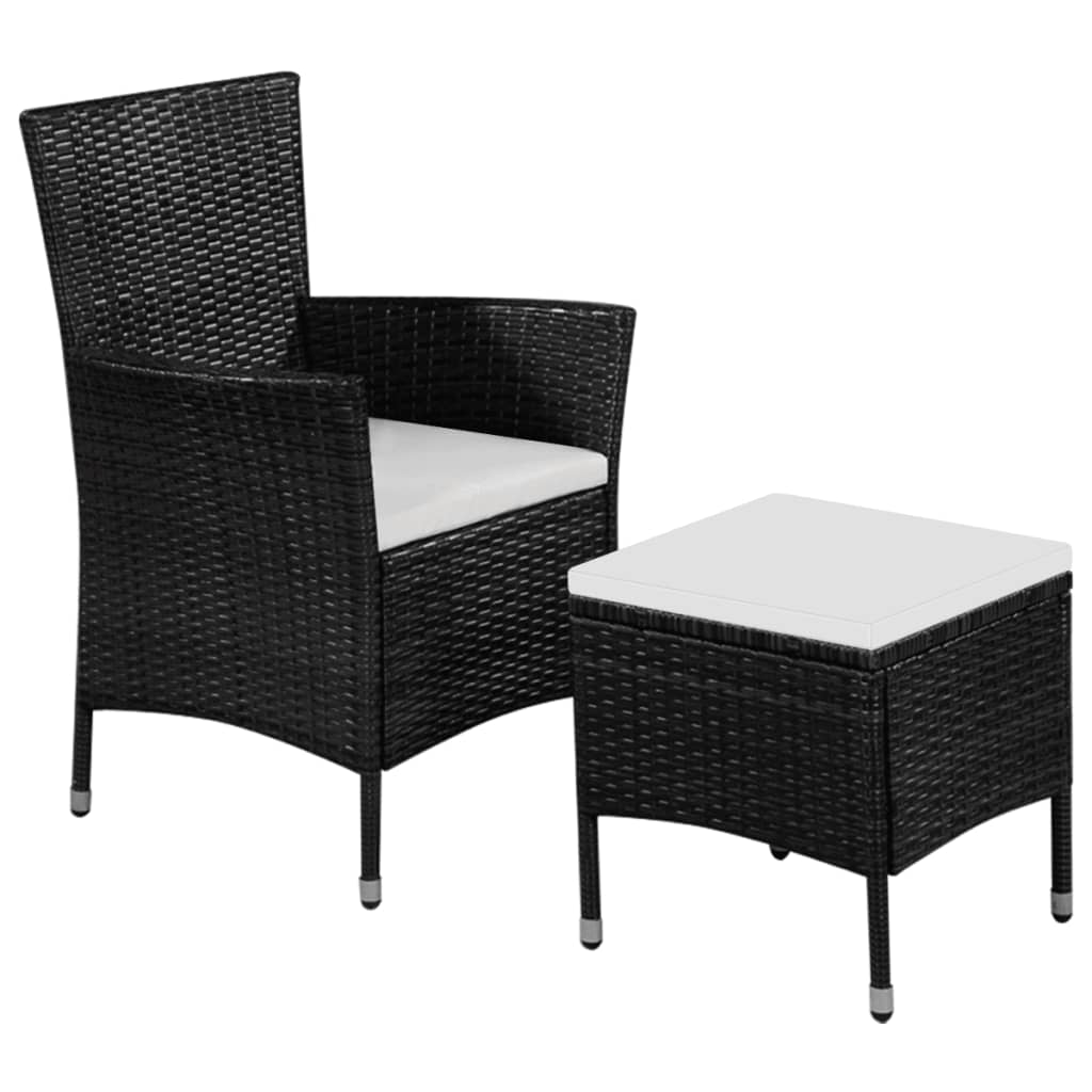 vidaXL Outdoor Chair and Stool with Cushions Poly Rattan Black