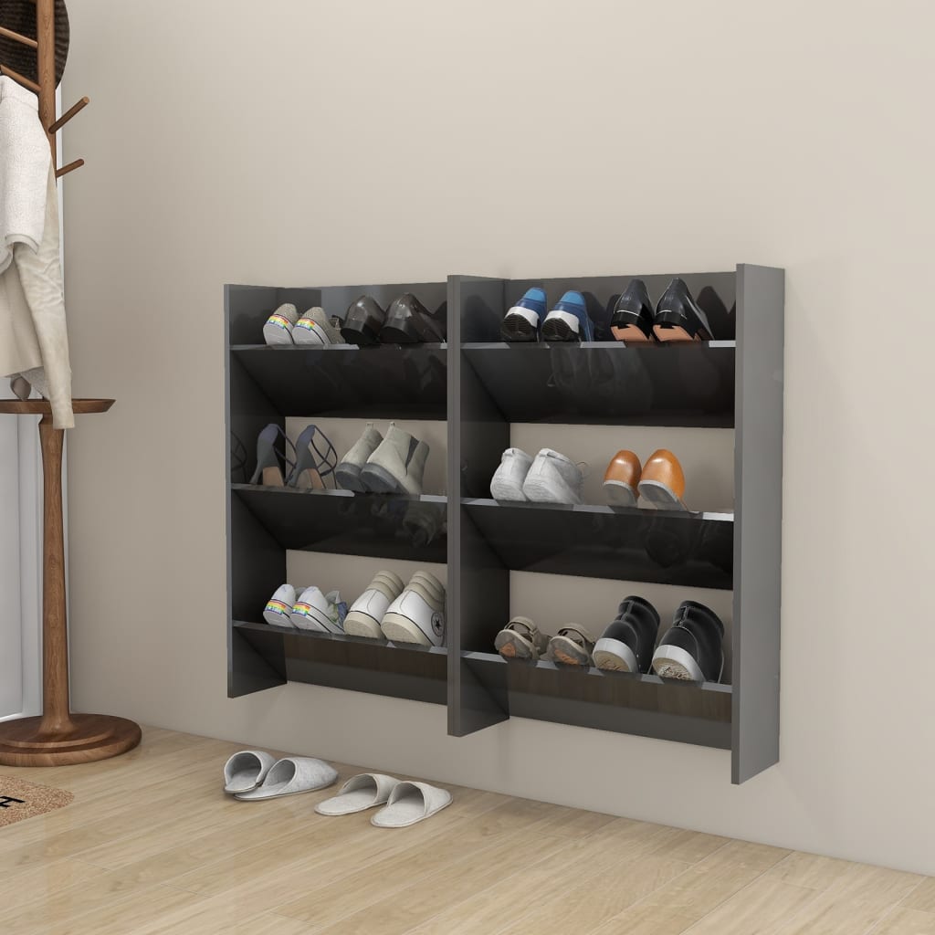 vidaXL Wall Shoe Cabinets 2 pcs High Gloss Grey 60x18x90 cm Engineered Wood