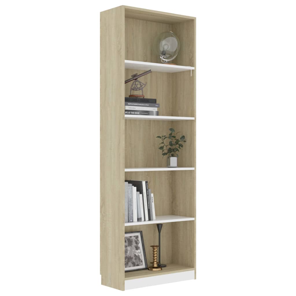 vidaXL 5-Tier Book Cabinet White and Sonoma Oak 60x24x175 cm Engineered Wood