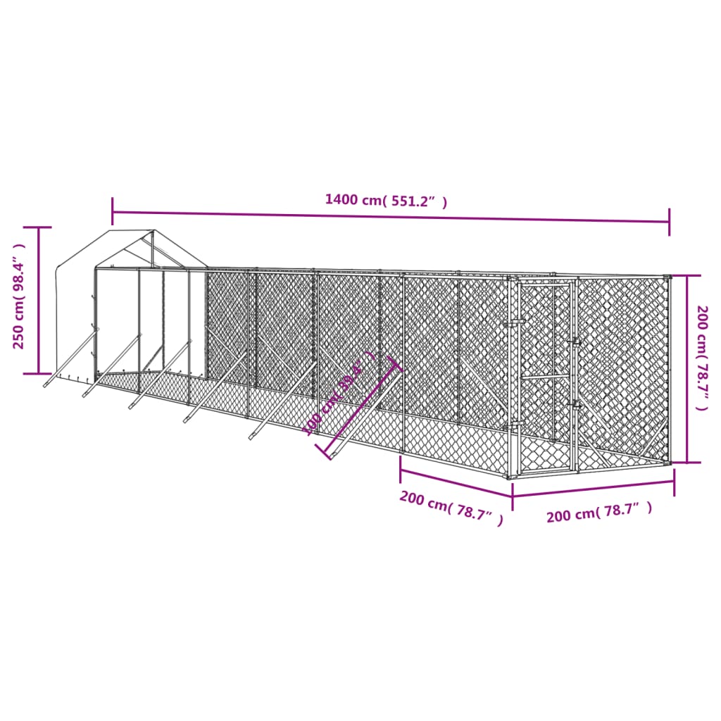 vidaXL Outdoor Dog Kennel with Roof Silver 2x14x2.5 m Galvanised Steel