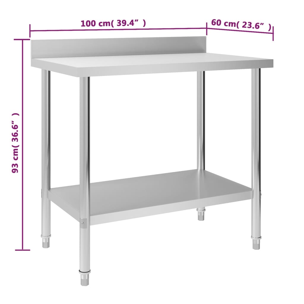 vidaXL Kitchen Work Table with Backsplash 100x60x93 cm Stainless Steel