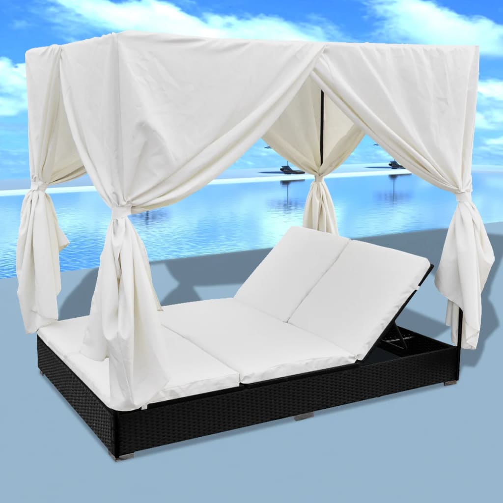 vidaXL Outdoor Lounge Bed with Curtains Poly Rattan Black