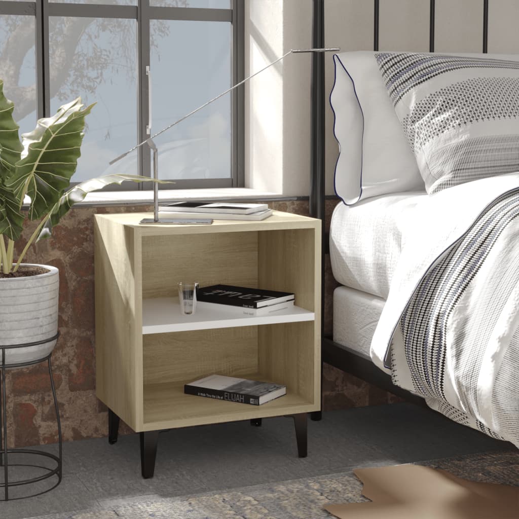 vidaXL Bed Cabinets Metal Legs 2 pcs Sonoma Oak and White 40x30x50 cm