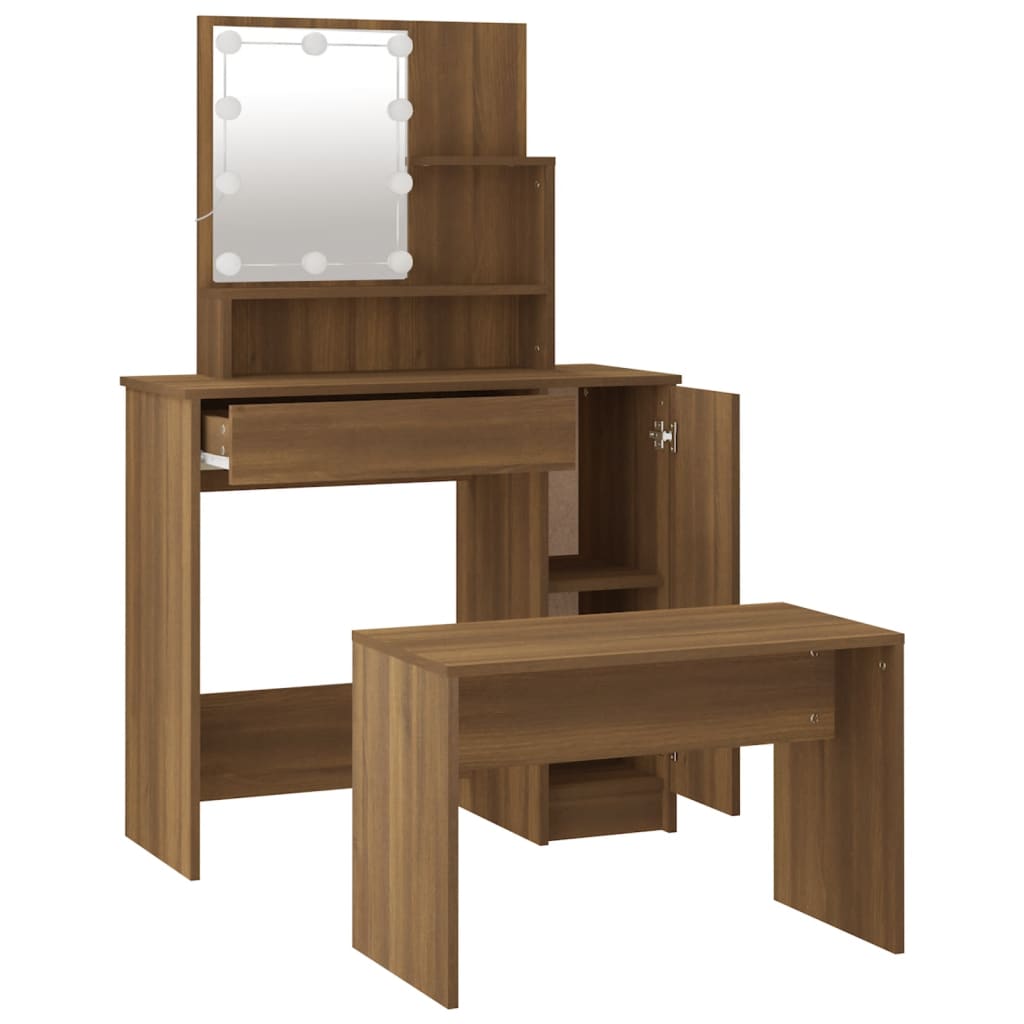 vidaXL Dressing Table Set with LED Brown Oak Engineered Wood