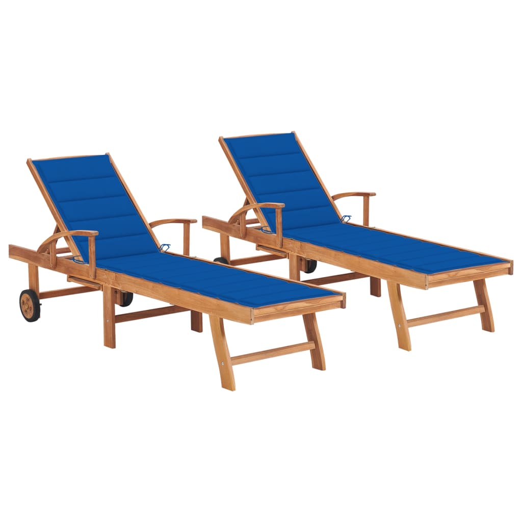 vidaXL Sun Loungers 2 pcs with Royal Blue Cushion Solid Teak Wood
