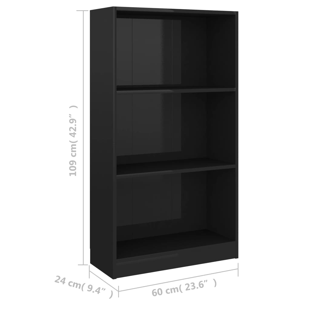 vidaXL 3-Tier Book Cabinet High Gloss Black 60x24x109 cm Engineered Wood
