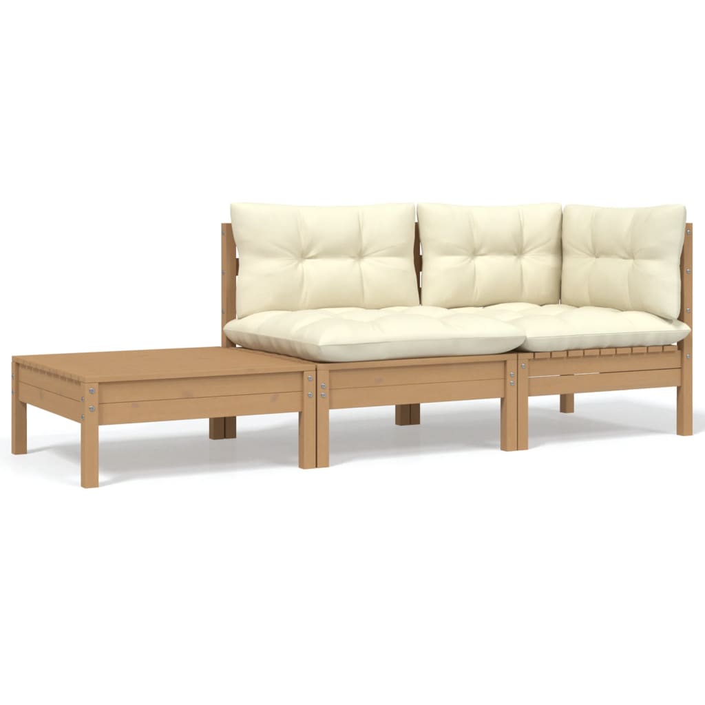 vidaXL 3 Piece Garden Lounge Set with Cream Cushions Solid Pinewood