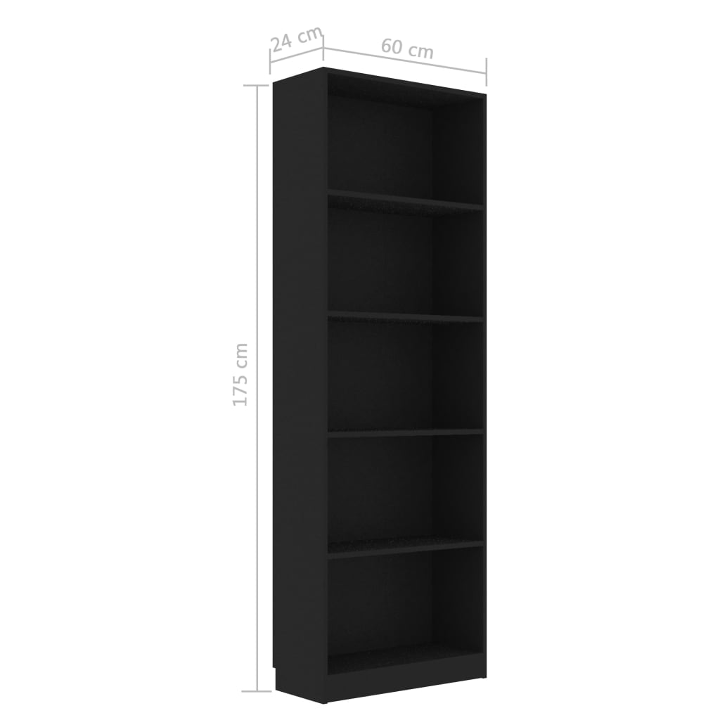 vidaXL 5-Tier Book Cabinet Black 60x24x175 cm Engineered Wood