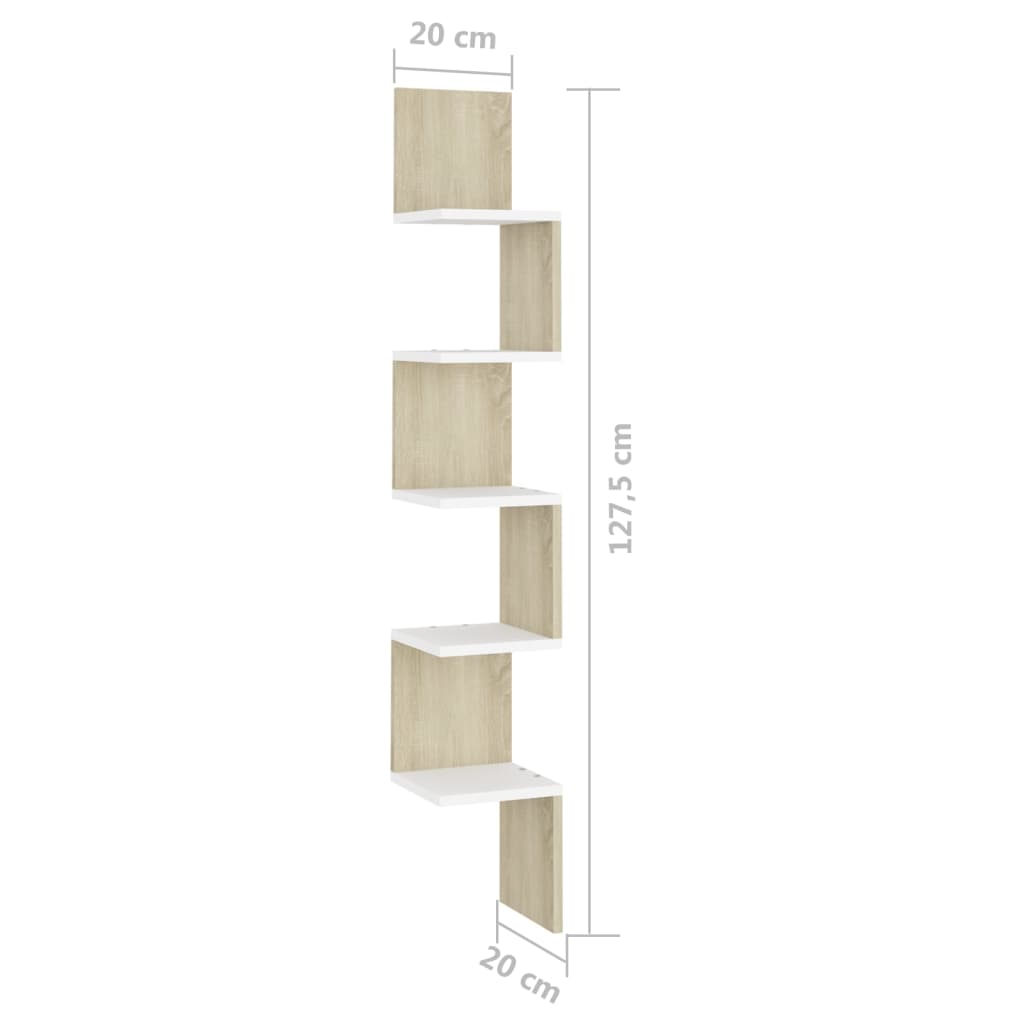 vidaXL Wall Corner Shelf White and Sonoma Oak 20x20x127.5 cm Engineered Wood