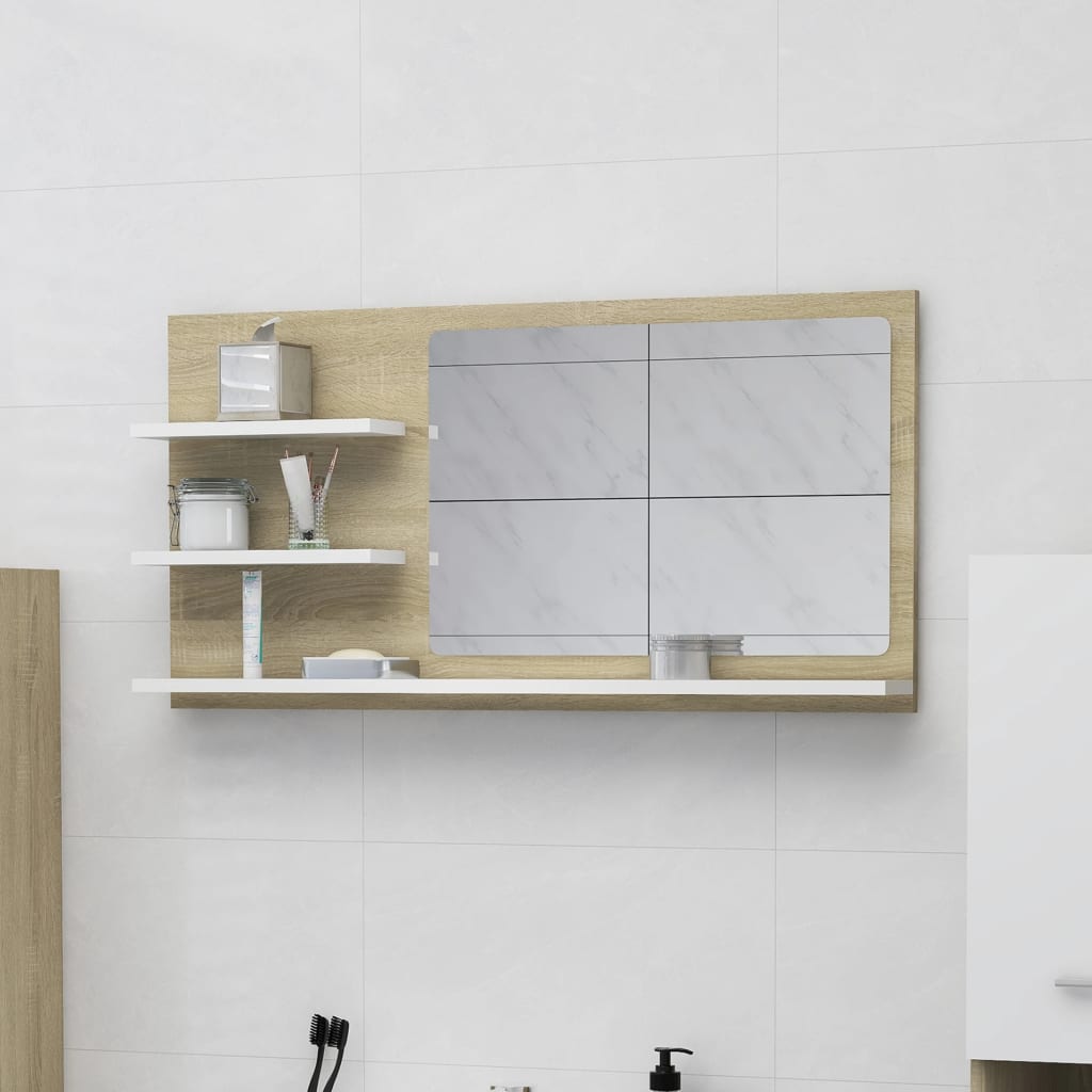 vidaXL Bathroom Mirror White and Sonoma Oak 90x10.5x45 cm Engineered Wood