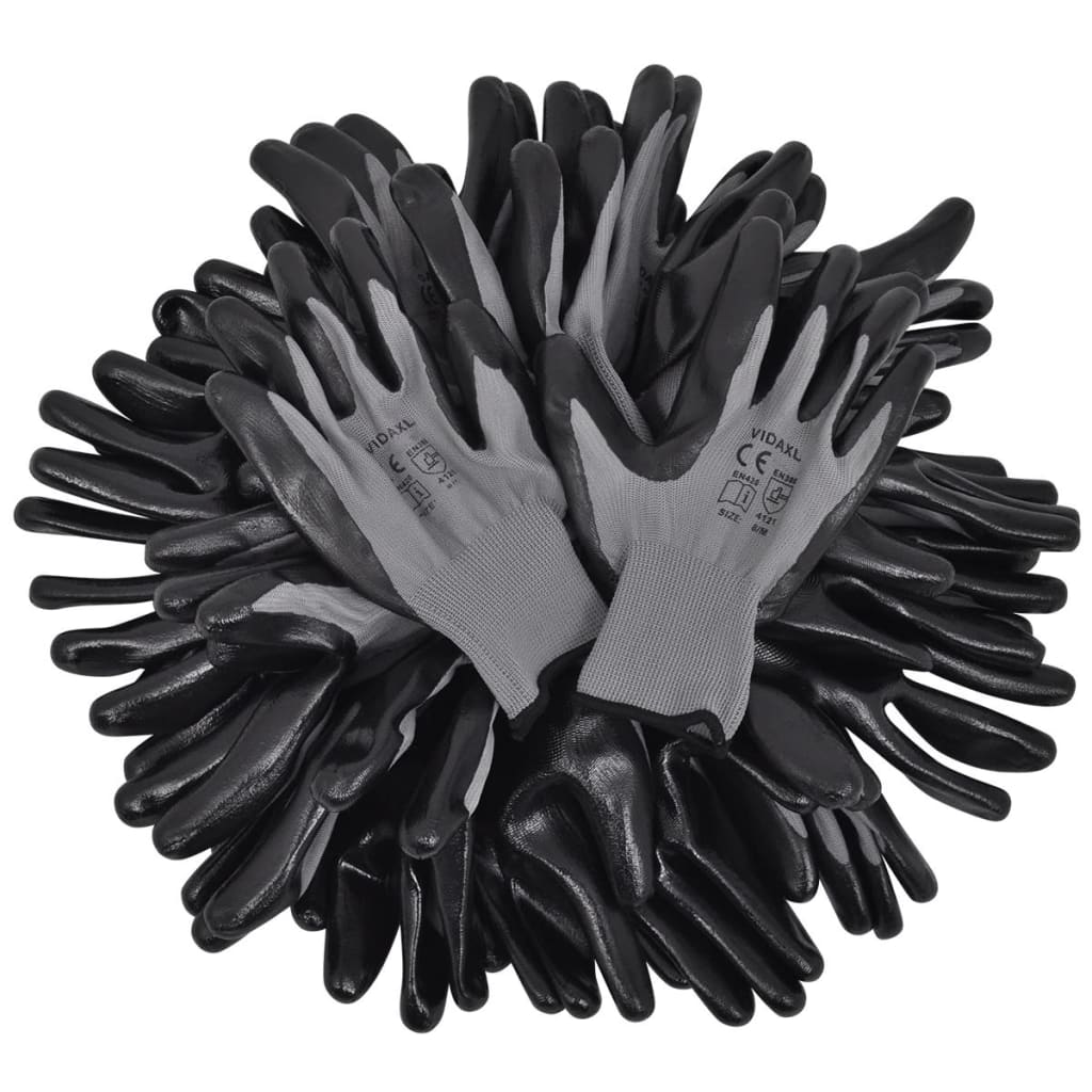 vidaXL Work Gloves Nitrile 24 Pairs Grey and Black Size 9/L