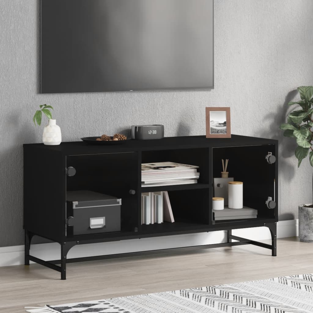 vidaXL TV Cabinet with Glass Doors Black 102x37x50 cm
