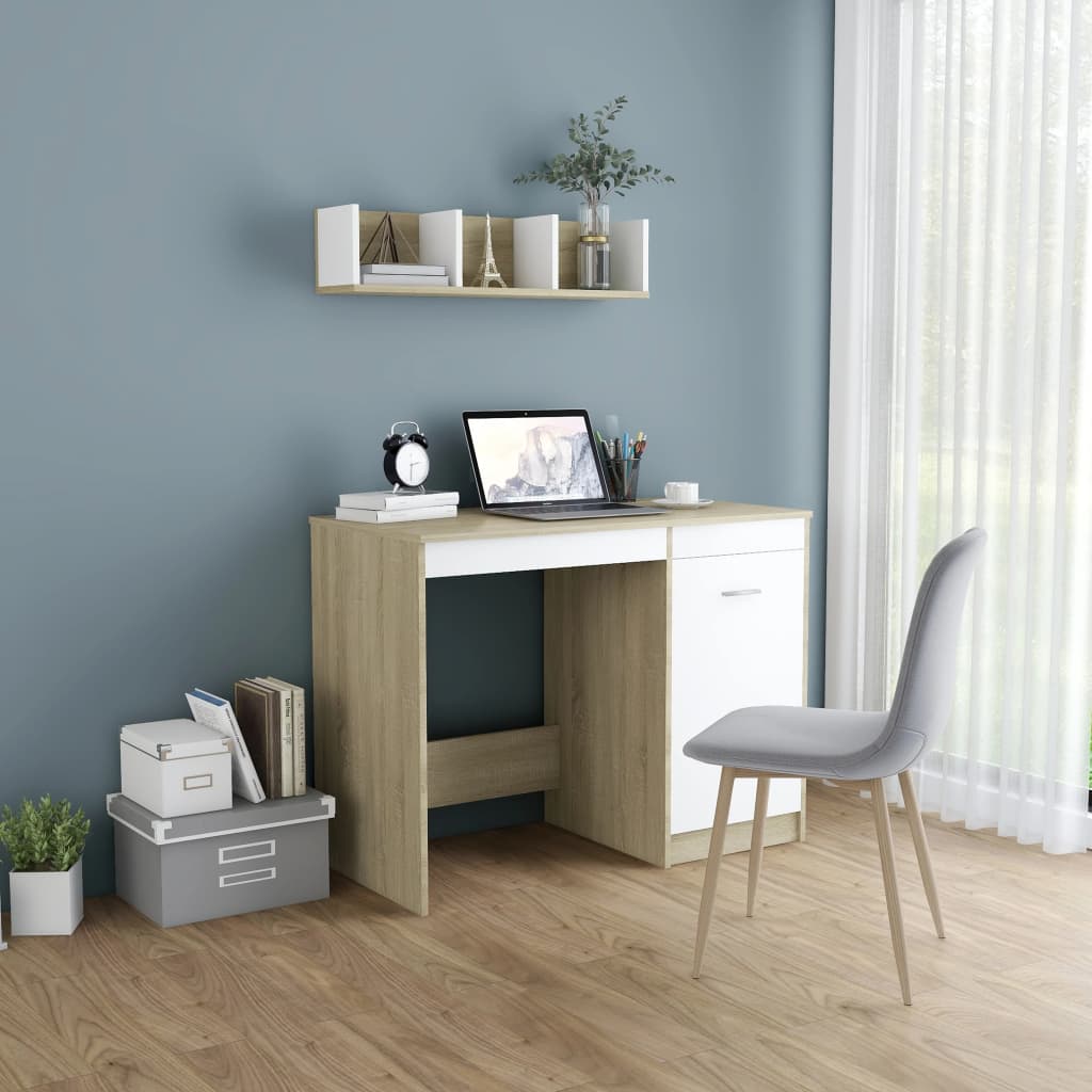 vidaXL Desk White and Sonoma Oak 100x50x76 cm Engineered Wood