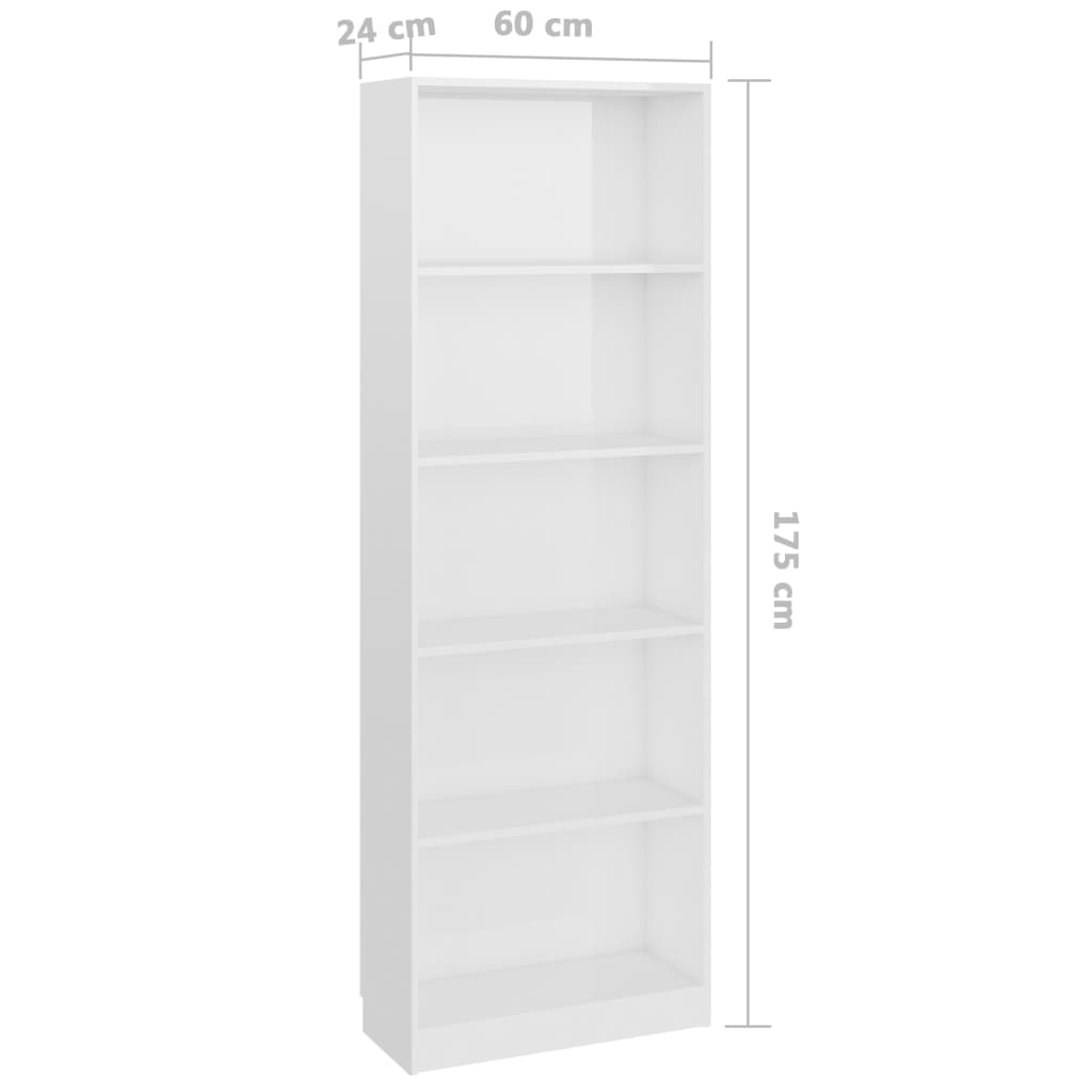 vidaXL 5-Tier Book Cabinet High Gloss White 60x24x175 cm Engineered Wood