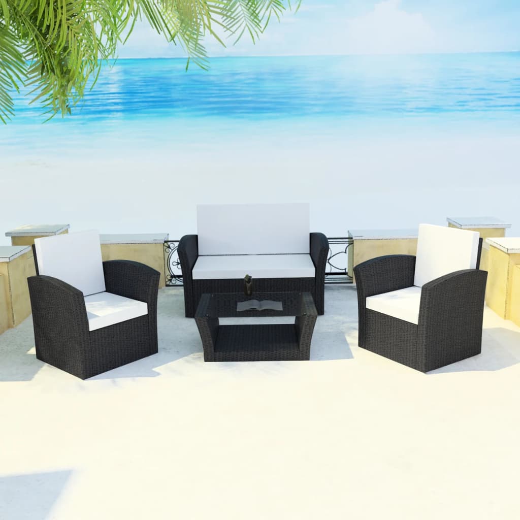 vidaXL 4 Piece Garden lounge set with Cushions Poly Rattan Black