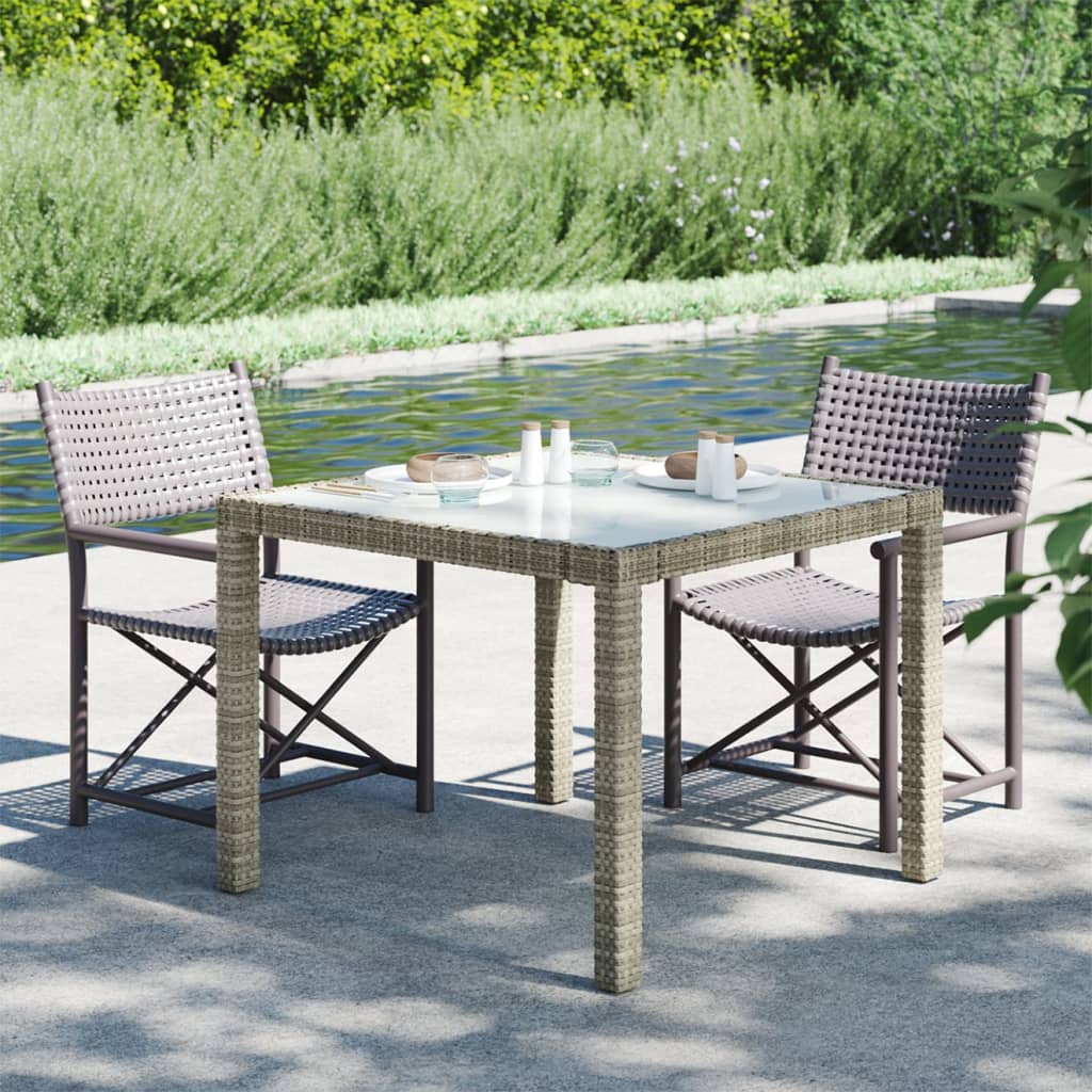 vidaXL Garden Table 90x90x75 cm Tempered Glass and Poly Rattan Grey