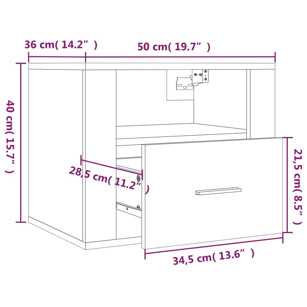 vidaXL Wall-mounted Bedside Cabinet Brown Oak 50x36x40 cm
