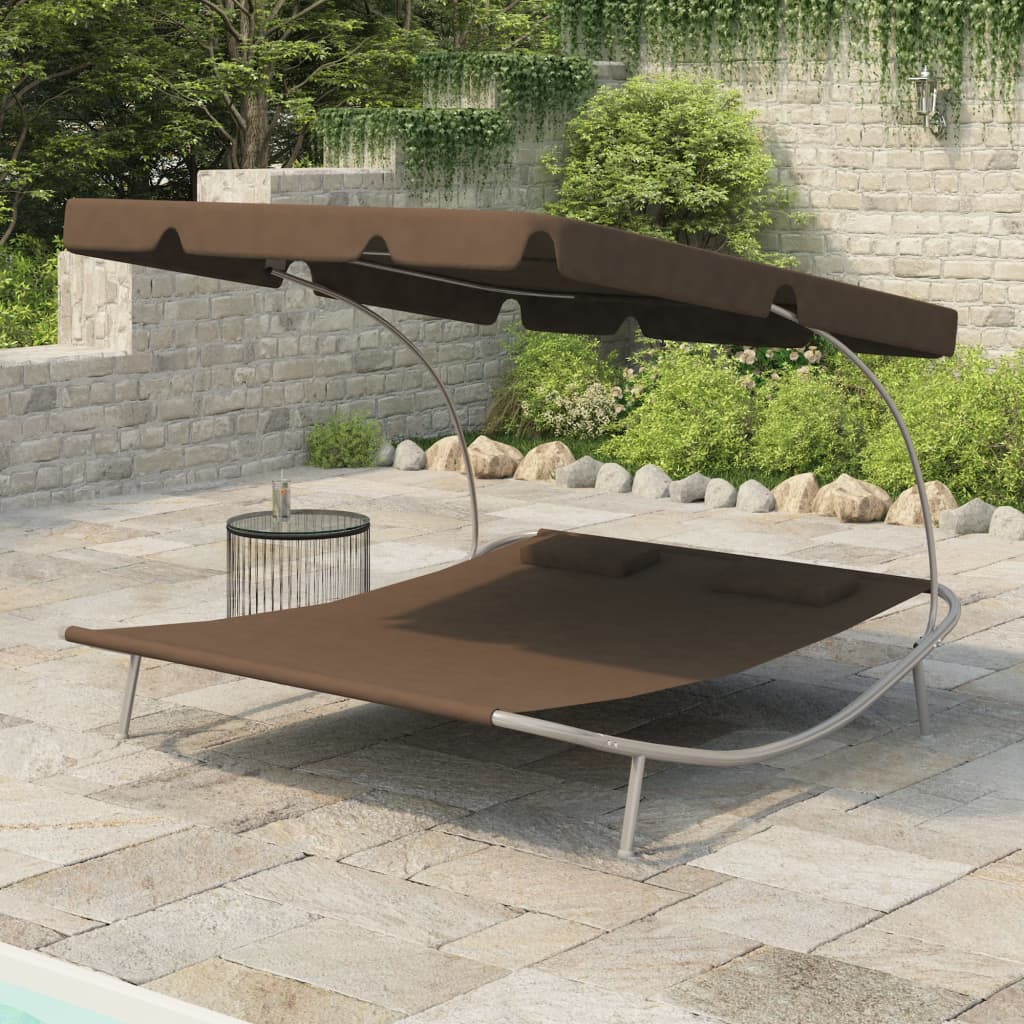 vidaXL Outdoor Lounge Bed with Canopy & Pillows Brown
