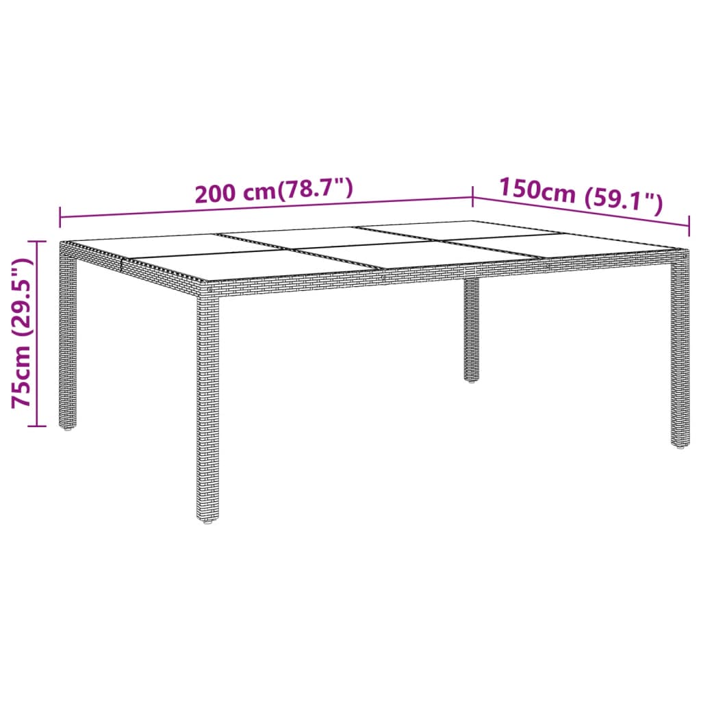 vidaXL Garden Table 200x150x75 cm Tempered Glass and Poly Rattan Grey