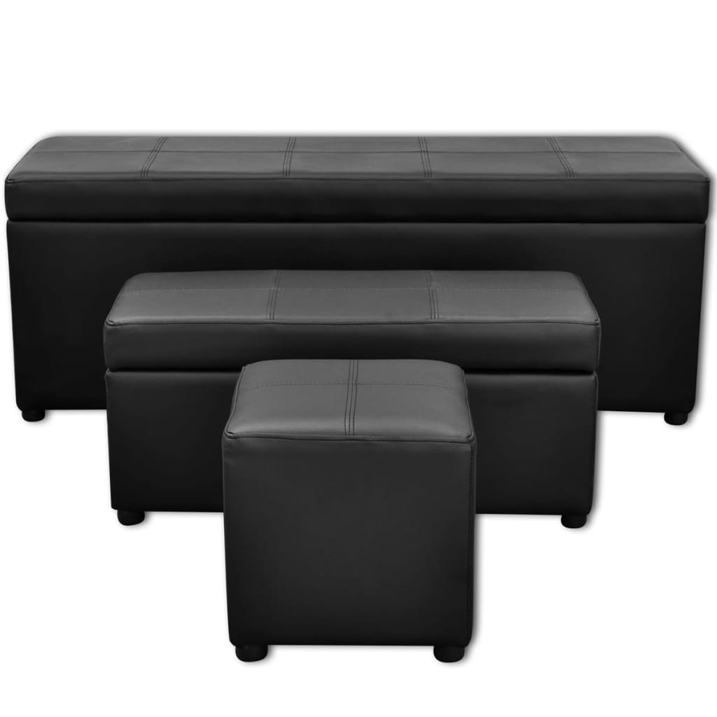 Black Artificial Leather Storage Bench Set Footrest 3 pcs