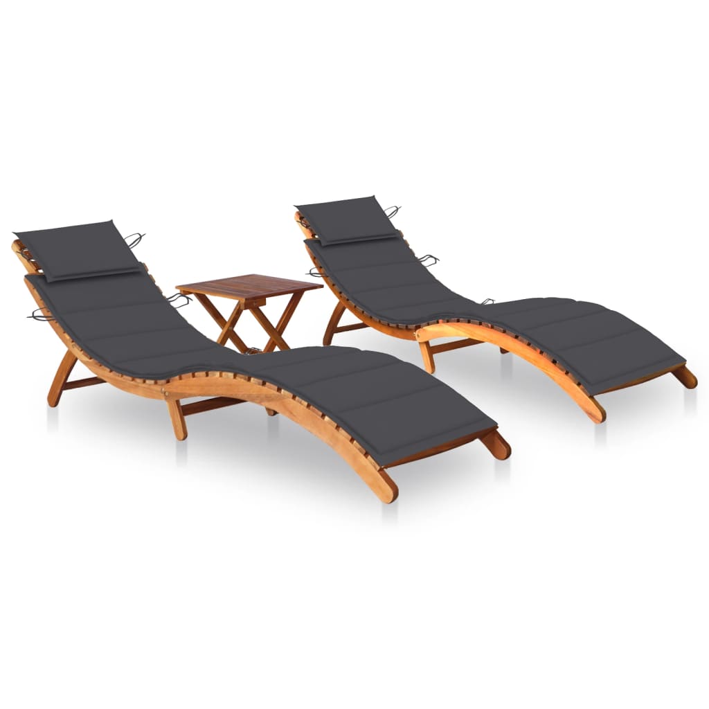 vidaXL Sun Loungers 2 pcs with Table and Cushions Solid Wood Acacia