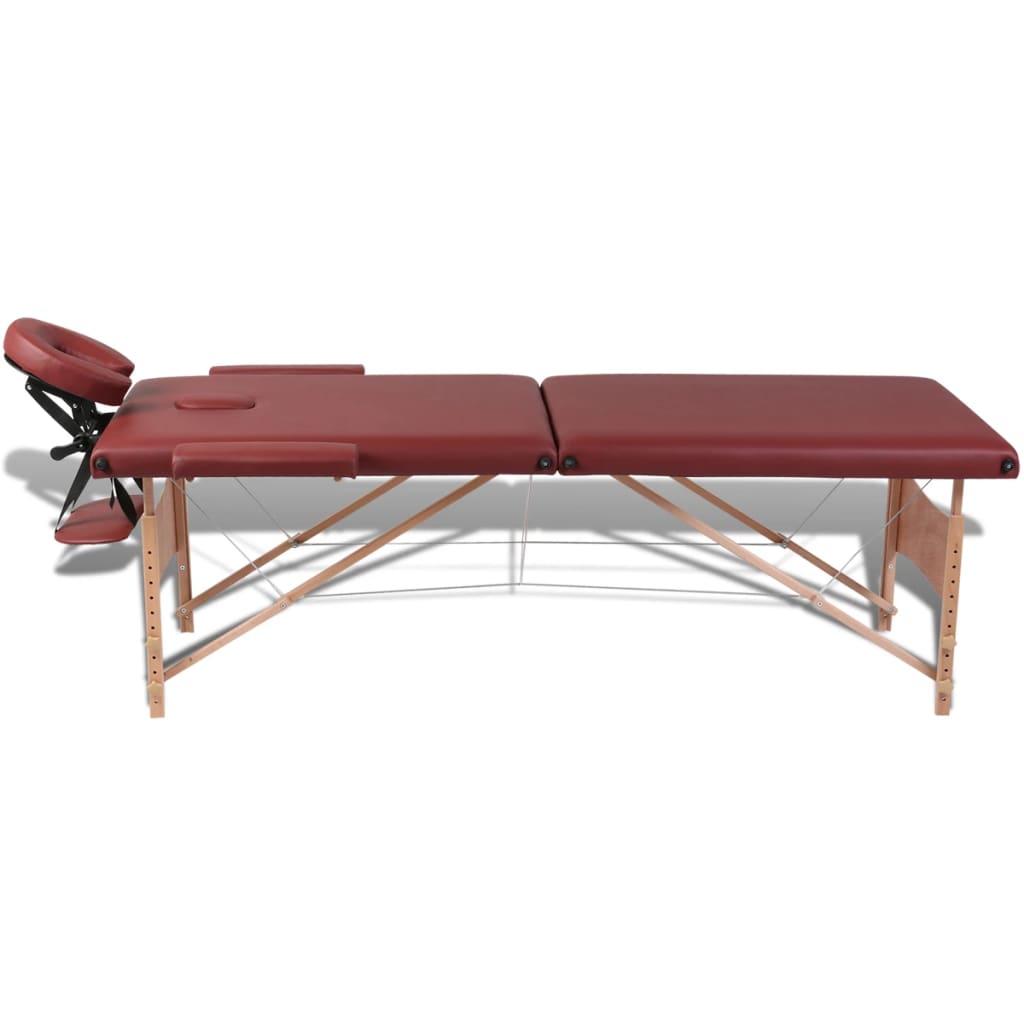 Red Foldable Massage Table 2 Zones with Wooden Frame