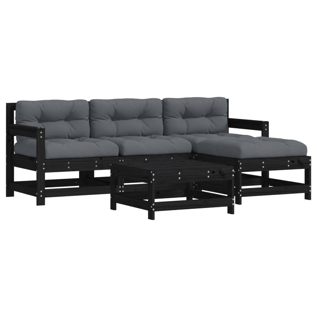vidaXL 5 Piece Garden Lounge Set with Cushions Black Solid Wood