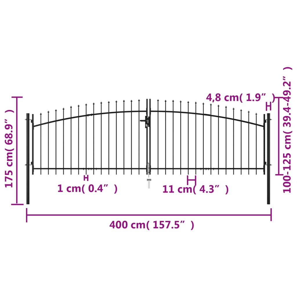 vidaXL Double Door Fence Gate with Spear Top 400x175 cm