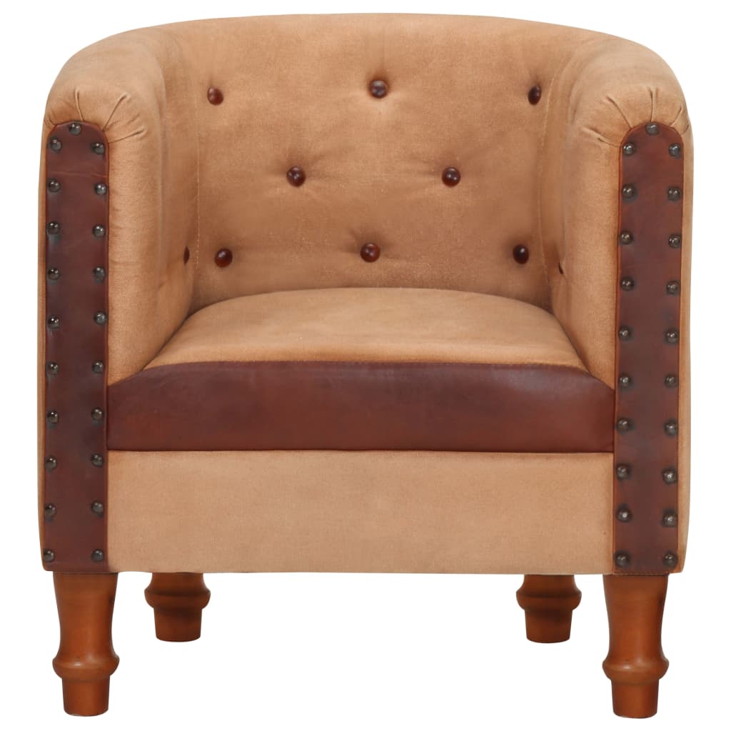 vidaXL Tub Chair Brown Real Leather and Solid Mango Wood