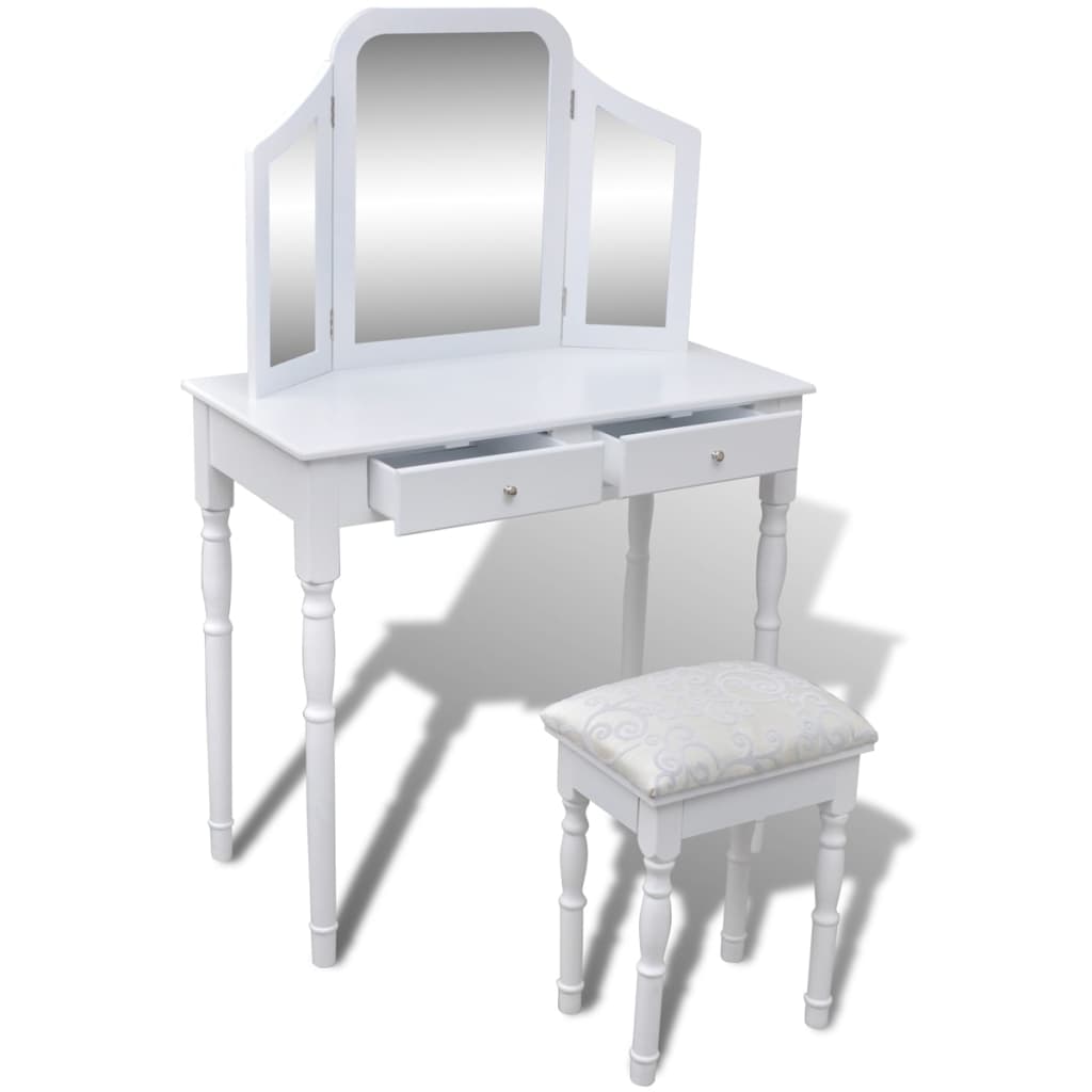 vidaXL Dressing Table with 3-in-1 Mirror and Stool 2 Drawers White
