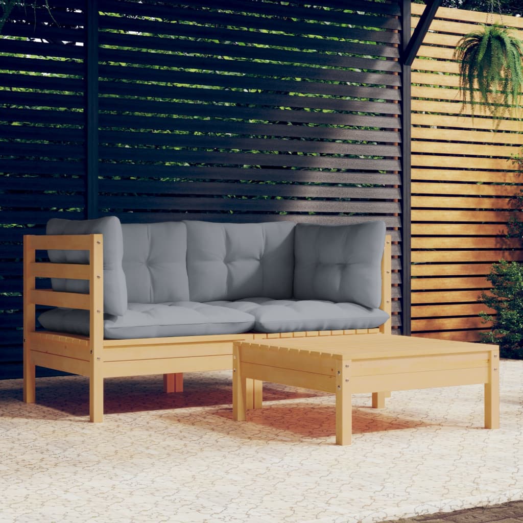 vidaXL 3 Piece Garden Lounge Set with Grey Cushions Pinewood