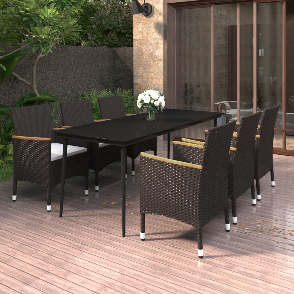 vidaXL 7 Piece Garden Dining Set with Cushions Poly Rattan and Glass