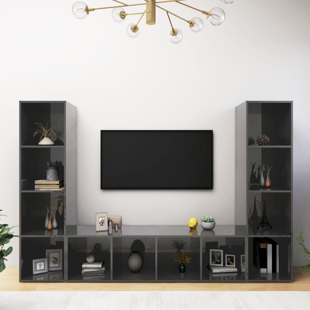 vidaXL TV Cabinets 3 pcs High Gloss Grey 142.5x35x36.5 cm Engineered Wood