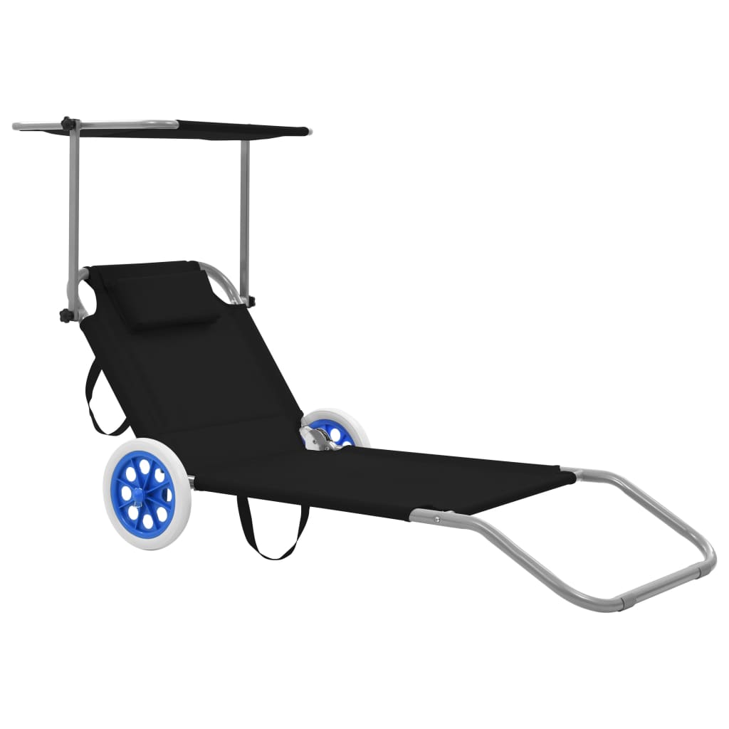 vidaXL Folding Sun Lounger with Canopy and Wheels Steel Blue