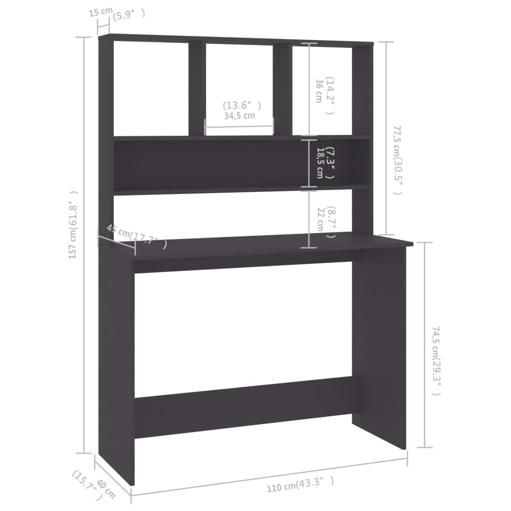 vidaXL Desk with Shelf Grey 110x45x157 cm Engineered Wood