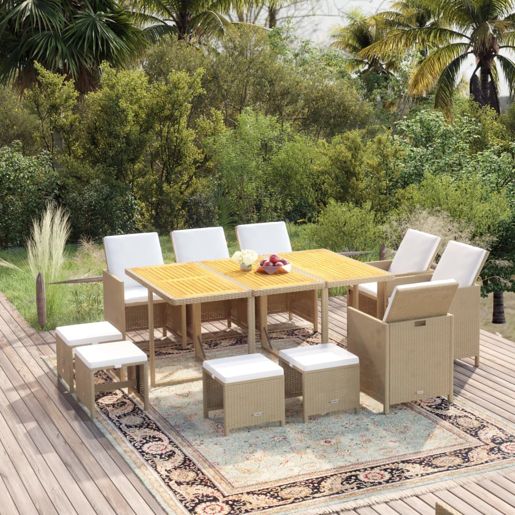 vidaXL 11 Piece Garden Dining Set with Cushions Poly Rattan Beige
