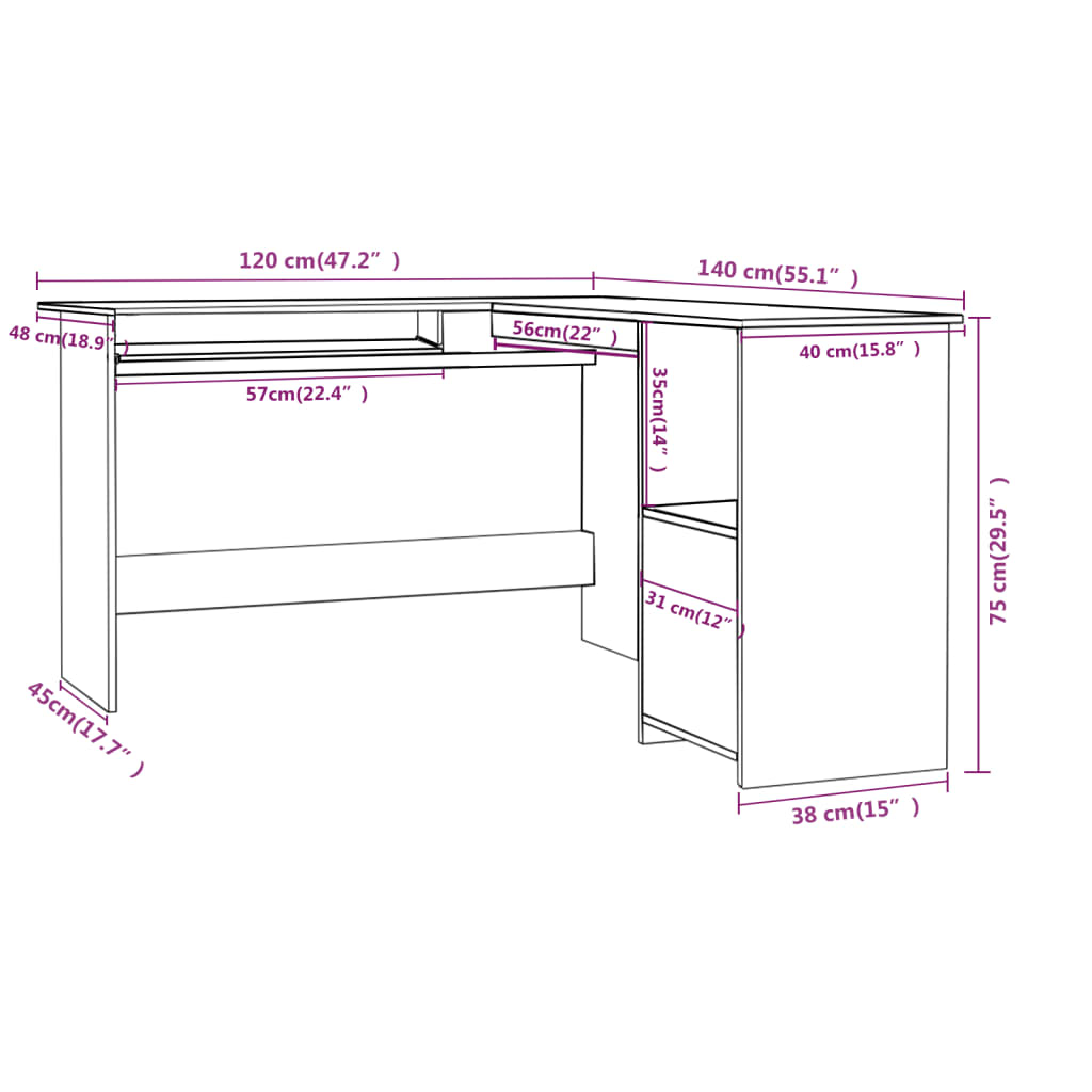 vidaXL L-Shaped Corner Desk High Gloss White 120x140x75 cm Engineered Wood