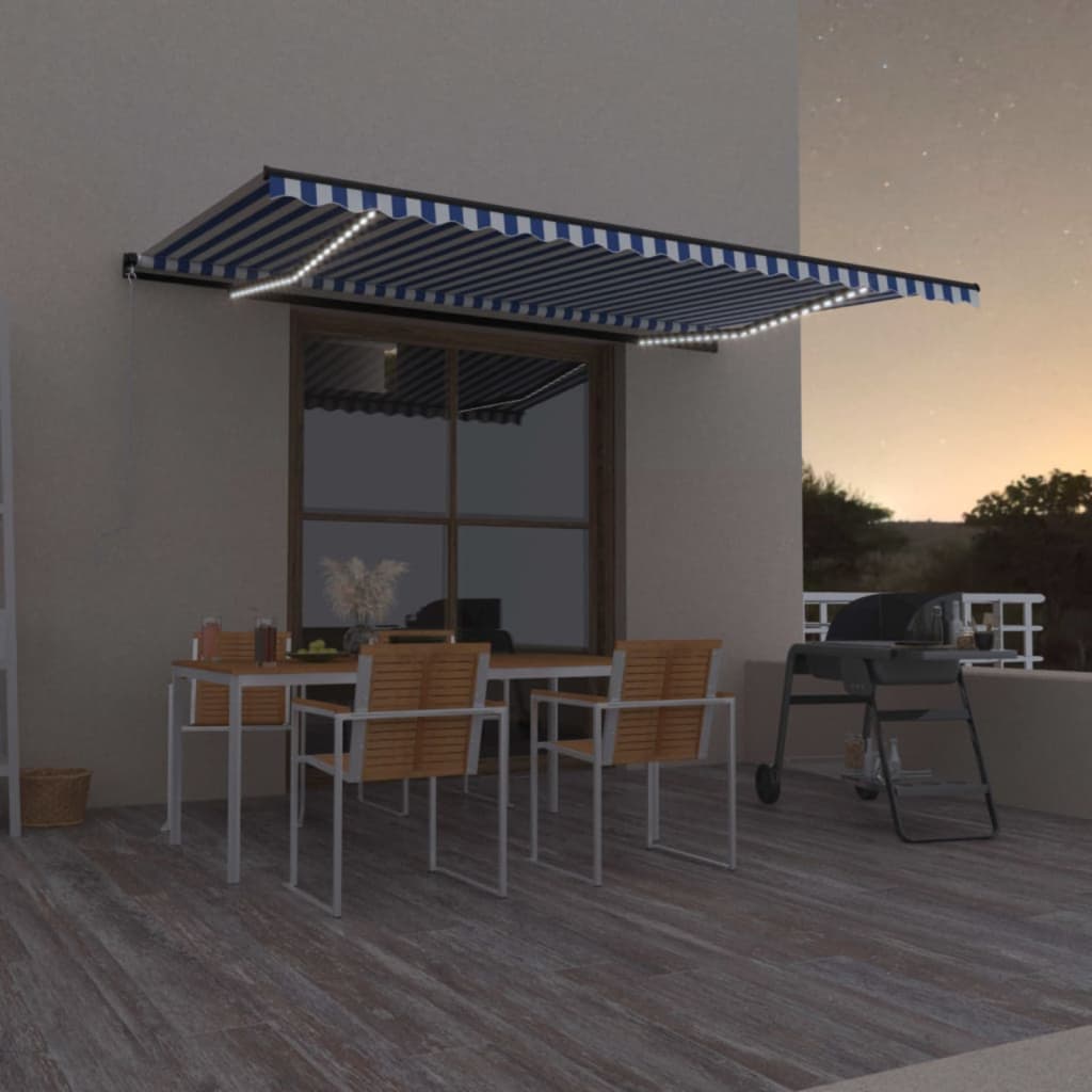 vidaXL Manual Retractable Awning with LED 500x300 cm Blue and White