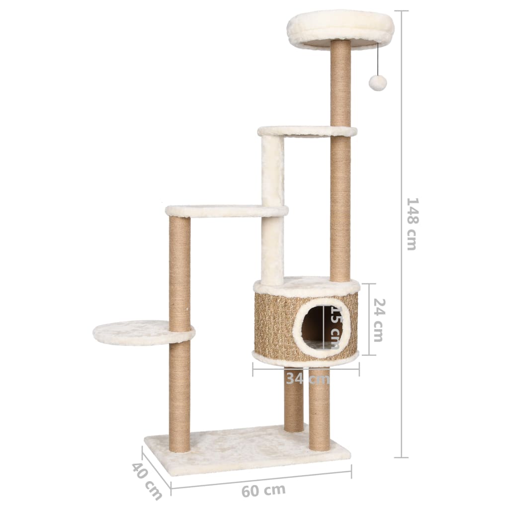 vidaXL Cat Tree with Luxury Cushions and Scratching Post 148cm Seagrass