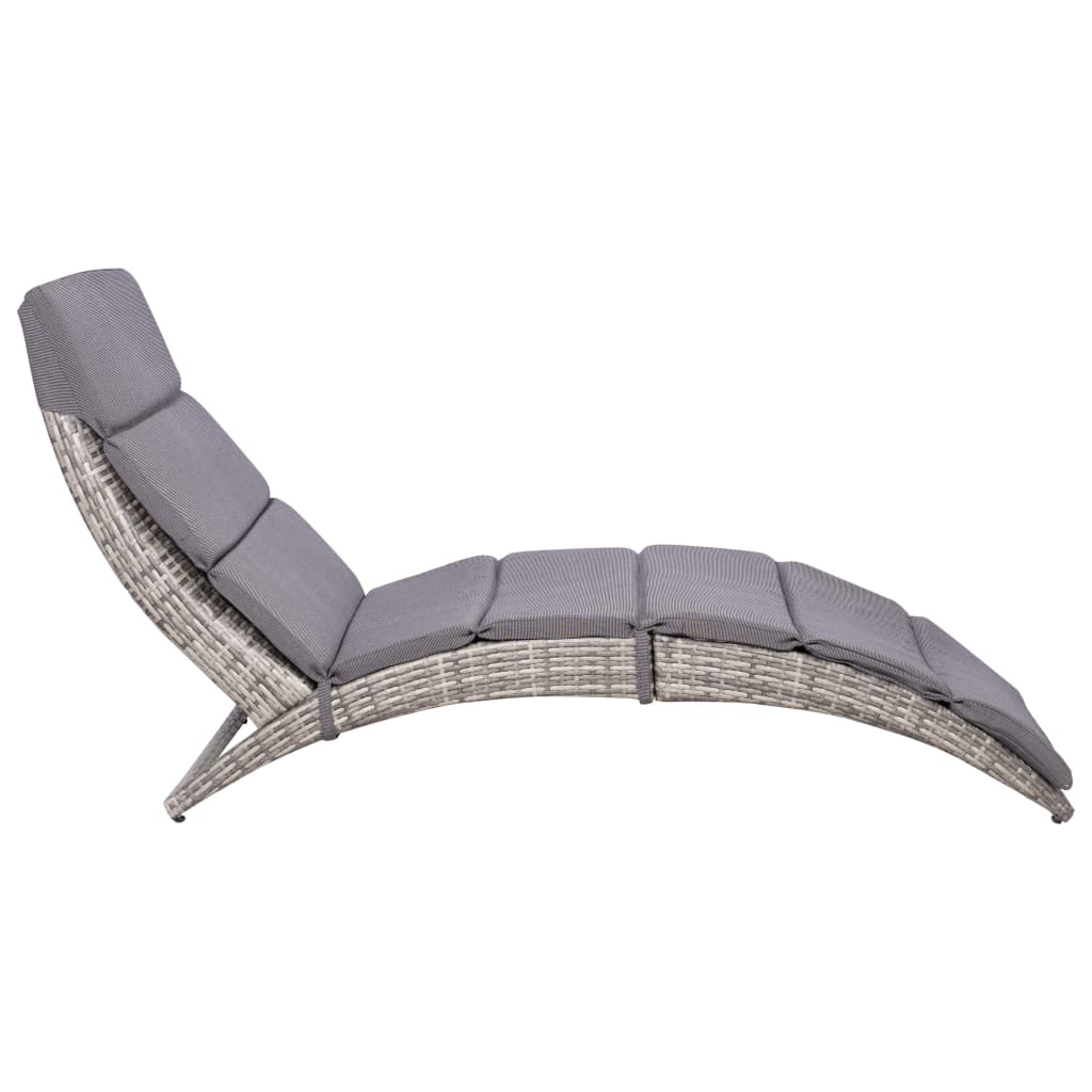 vidaXL Folding Sun Lounger with Cushion Poly Rattan Grey