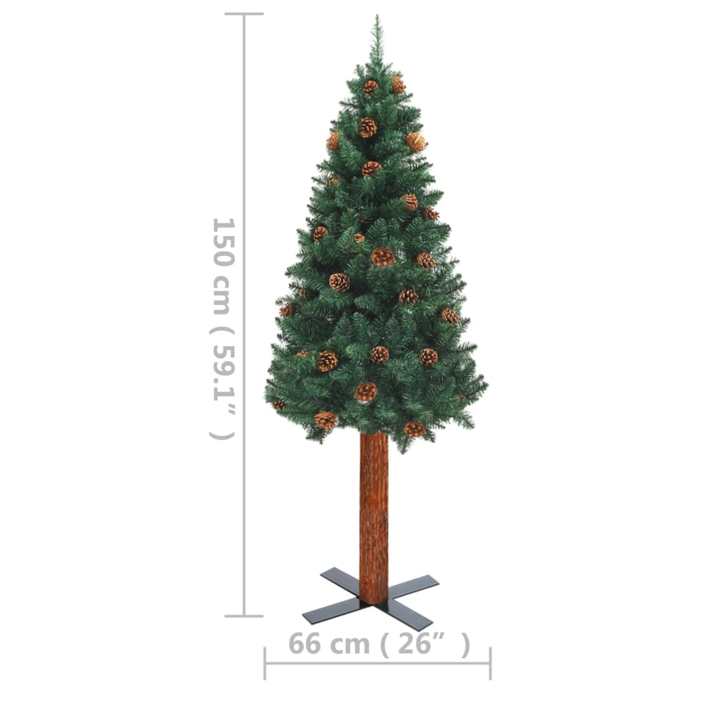 vidaXL Slim Pre-lit Christmas Tree with Real Wood&Cones Green 150 cm