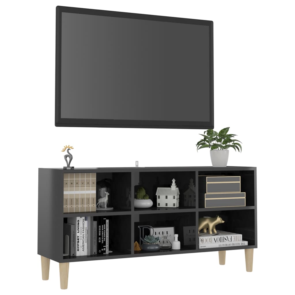 vidaXL TV Cabinet with Solid Wood Legs High Gloss Grey 103.5x30x50 cm