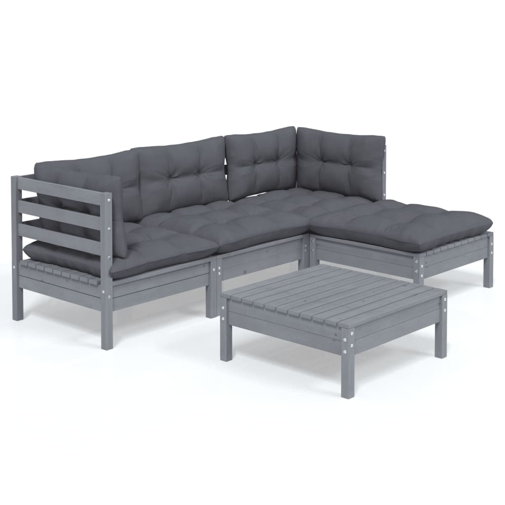 vidaXL 5 Piece Garden Lounge Set with Cushions Grey Pinewood