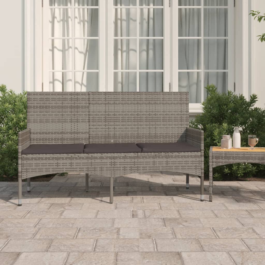 vidaXL 3-Seater Garden Bench with Cushions Grey Poly Rattan