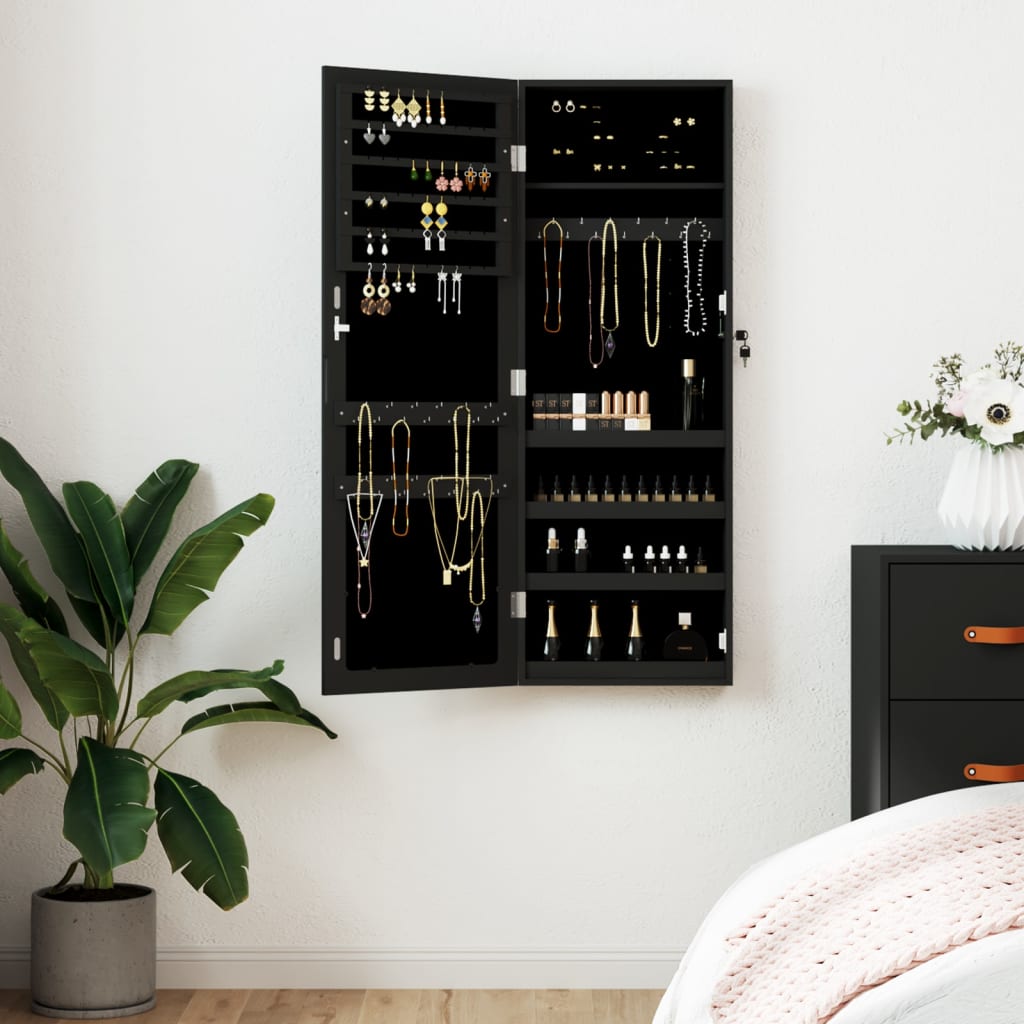 vidaXL Mirror Jewellery Cabinet Wall Mounted Black 37.5x10x106 cm