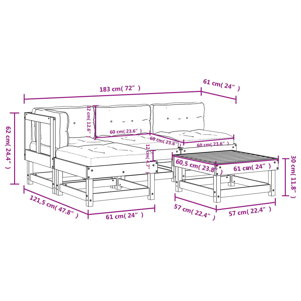 vidaXL 5 Piece Garden Lounge Set with Cushions Black Solid Wood
