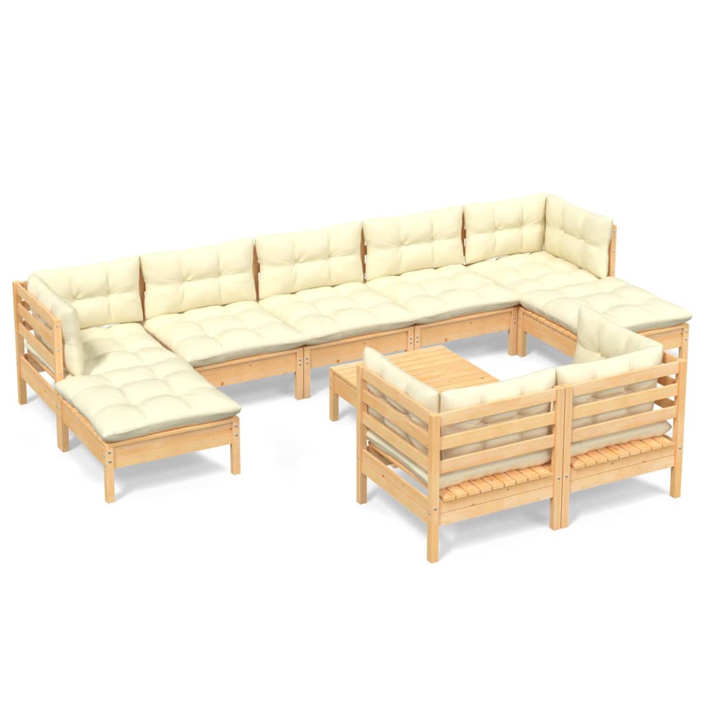 vidaXL 10 Piece Garden Lounge Set with Cream Cushions Solid Pinewood